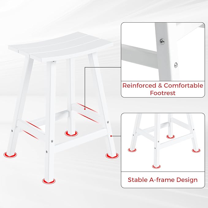 Costaelm All-Weather Bar Stools Set of 3, 24" Height Outdoor Bar Stools, Adirondack Poly Patio Bar Stool for Patio, Deck, Kitchen Counter and Garden,White