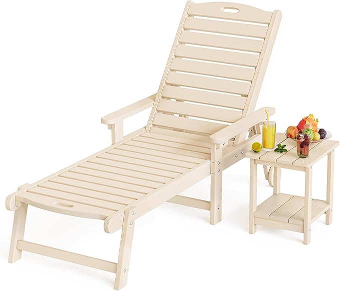 LUE BONA HDPS Chaise Lounge Chair with Table, 2-Piece,Outdoor Pool Lounge Chairs with Adjustable Backrest, Resin Patio Lounge Chairs with Wheels for Outside, Poolside, Sand
