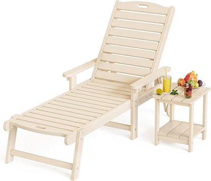 LUE BONA HDPS Chaise Lounge Chair with Table, 2-Piece,Outdoor Pool Lounge Chairs with Adjustable Backrest, Resin Patio Lounge Chairs with Wheels for Outside, Poolside, Sand