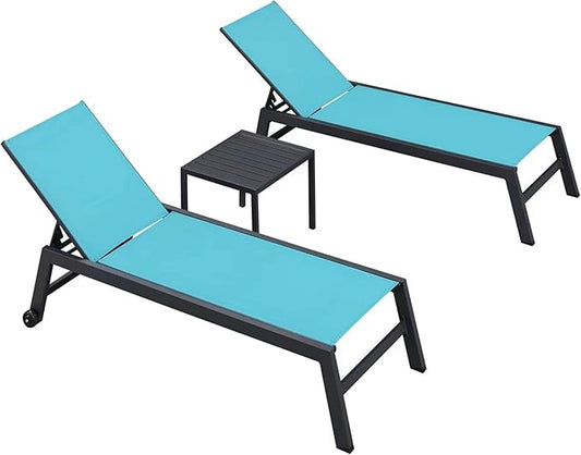 PURPLE LEAF Oversized Patio Lounge Chair Set of 2 with Side Table Extra Wide Adjustable Sun Lounger with Wheels Quick-Dry Textilene for Pool Beach Garden Turquoise Blue