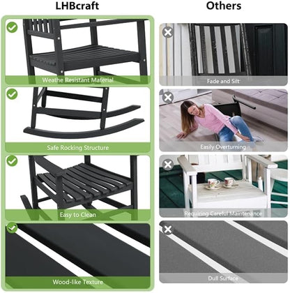 LHBcraft Oversized Rocking Chair Outdoor-High Back Porch Rocker, HDPE All Weather Black Rocking Chair for Porch, Outdoor Chairs for Patio, Polywood Rocking Chairs