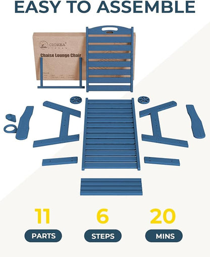 Outdoor Chaise Lounge Chair Set of 2, Patio Lounge Chairs for Outside, HDPE Lounge Chair with Wheels & Cup Holder, Poly Chair with 5 Position for Poolside, Deck, Navy Blue