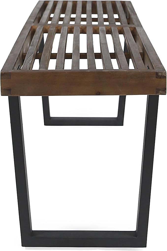 Merax 61.75" Acacia Wood Dining Bench with Iron Legs, Modern Indoor Outdoor Bench for Kitchen Table, Patio, Entryway, Brown and White