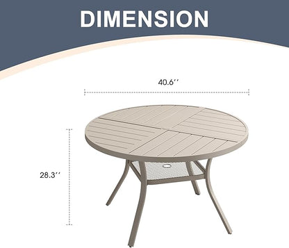 VICLLAX 40.6" Round Patio Dining Table for 4, All Weather Metal Outdoor Table with 1.57" Umbrella Hole and Storage Shelf for Garden Lawn Deck, Sandshell