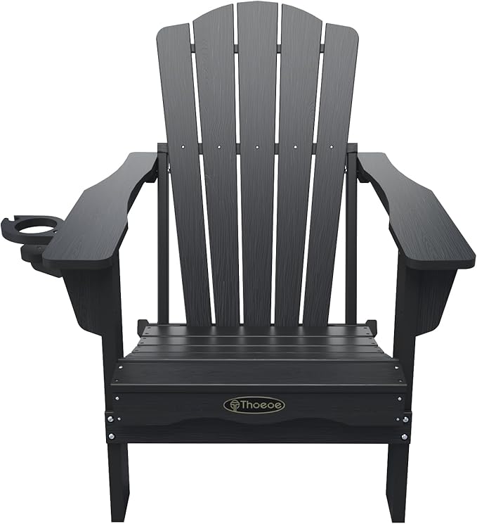 Folding Adirondack Chair Set of 2, HDPE All-Weather Outdoor Chair with Cup Holder, Wooden Textured, Fire Pit Chair - Photo 8