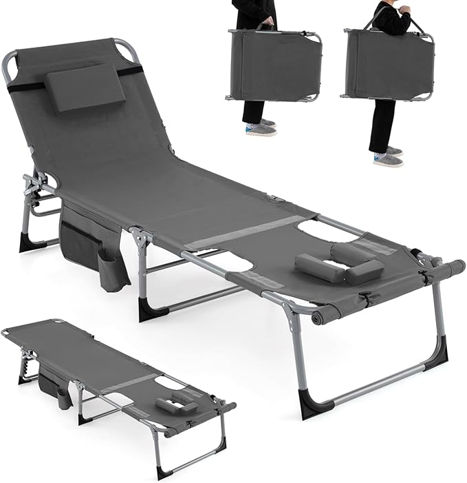 Giantex Tanning Chair, 330Lbs Patio Lounge Chair with 5 Adjustable Position, Face & Arm Hole, Hand/Shoulder Strap, Removable Pillow, Side Pocket, Chaise Lounger for Beach Sunbathing Outdoor, Grey