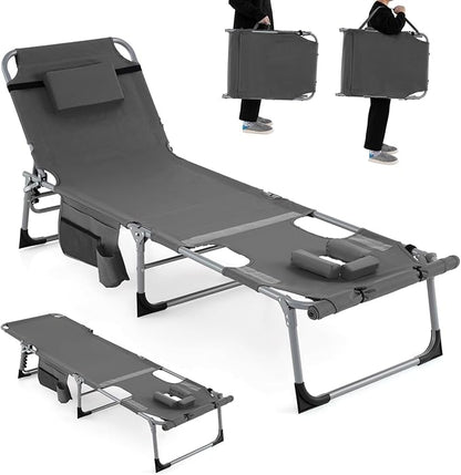 Giantex Tanning Chair, 330Lbs Patio Lounge Chair with 5 Adjustable Position, Face & Arm Hole, Hand/Shoulder Strap, Removable Pillow, Side Pocket, Chaise Lounger for Beach Sunbathing Outdoor, Grey