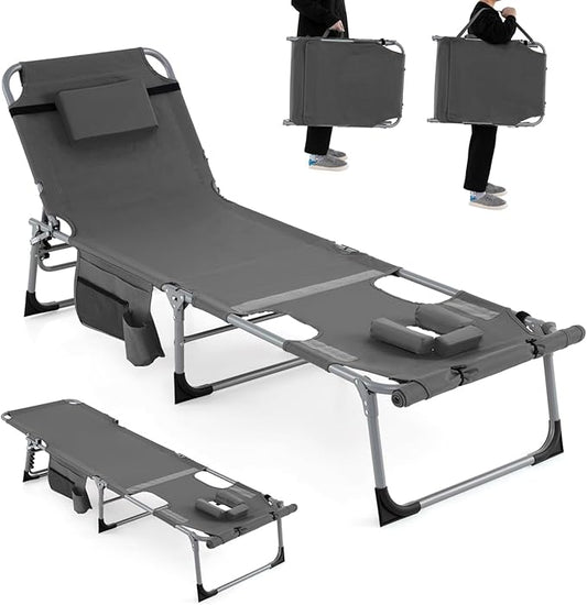 Giantex Tanning Chair, 330Lbs Patio Lounge Chair with 5 Adjustable Position, Face & Arm Hole, Hand/Shoulder Strap, Removable Pillow, Side Pocket, Chaise Lounger for Beach Sunbathing Outdoor, Grey
