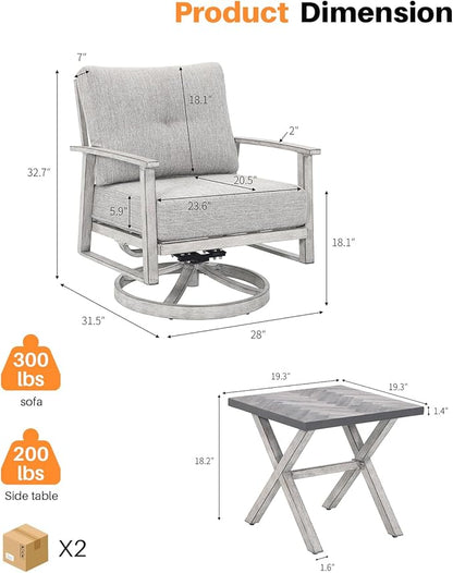 3 Pieces Outdoor Patio Bistro Set, Aluminum Swivel Chairs Patio Furniture Set with Thick Cushions, All Weather Patio Conversation Set with Side Table for Backyard, Balcony, Lawn, White Oak