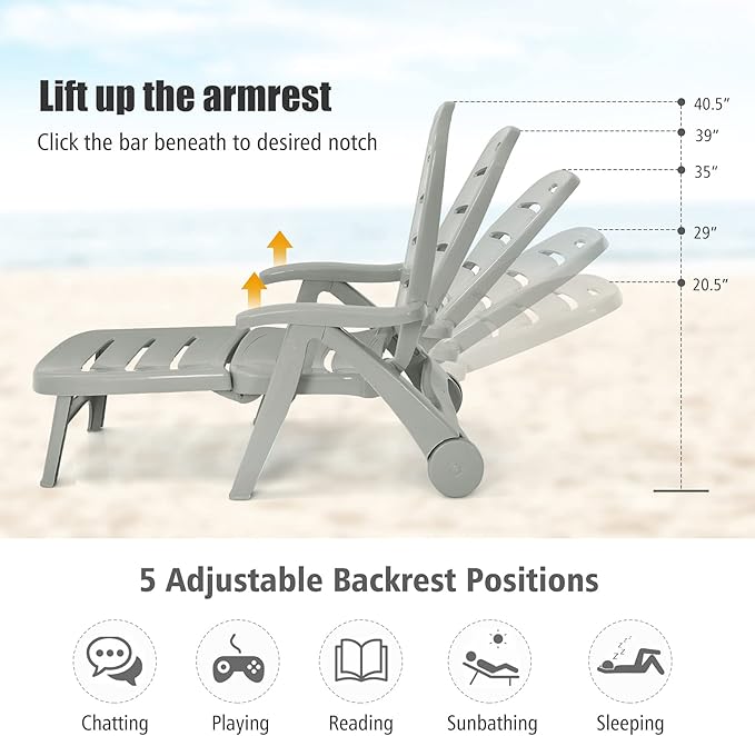 Moccha Folding Chaise Lounge Chair - Plastic Patio Lounger w/ 2 Rolling Wheels, 5-Adjustable Positions, Armrests, Outdoor Lounge Recliner for Poolside Yard Garden Sunbathing Beach Chair (2, Grey)