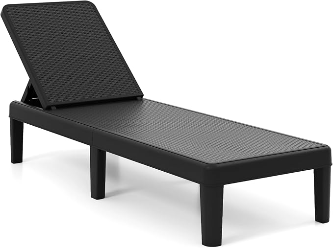 Tangkula Outdoor Chaise Lounger Chair, 4-Position Reclining Chair with Waterproof Rattan Textured PP Surface, 330 lbs Capacity & Easy Assembly for Pool Garden Deck Beach (1,Black)