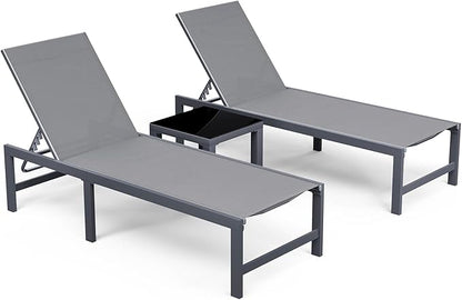 Amopatio Patio Chaise Lounge Set of 3, 24.4" Wider Outdoor Lounge Chairs with Table, Textilene Pool Chaise Lounge for Sun Tanning Lay Flat Poolside Lounger for Beach, Lawn, Grey