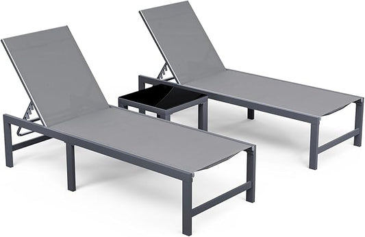 Amopatio Patio Chaise Lounge Set of 3, 24.4" Wider Outdoor Lounge Chairs with Table, Textilene Pool Chaise Lounge for Sun Tanning Lay Flat Poolside Lounger for Beach, Lawn, Grey
