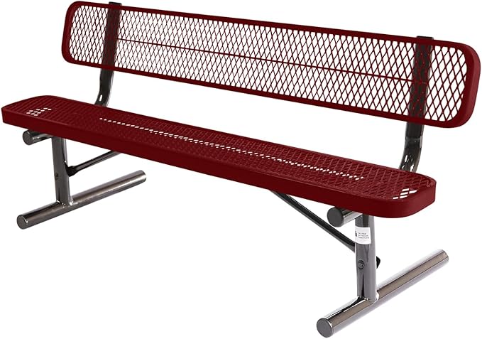 COATEDOUTDOORFURNITURE Heavy-Duty Portable Outdoor Bench Thermoplastic Coated, Expanded Metal, Commercial-Grade Seating, Made in America (Portable with Back, 6 Ft, Textured Burgundy)