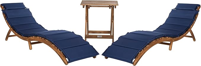 SAFAVIEH Outdoor Collection Pacifica Natural Brown Solid Wood/Navy Cushion 3-Piece Chaise Lounge Set with Table (PAT7020C)