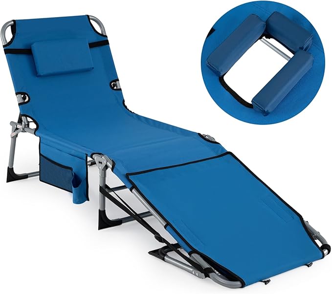 COSTWAY Tanning Chair with Face Hole, Folding Sun Bathing Lounge Chair with Armrest, Side Pocket & Protective Flap - Photo 1