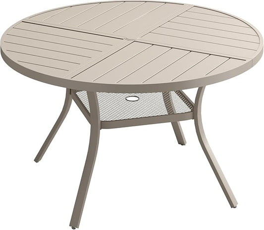 DIFY 40.6" Round Outdoor Patio Dining Table for 4, All-Weather Metal Steel Slatted Patio Table with 1.57" Adjustable Umbrella Hole, for Lawn Garden Porch Backyard, Sandshell