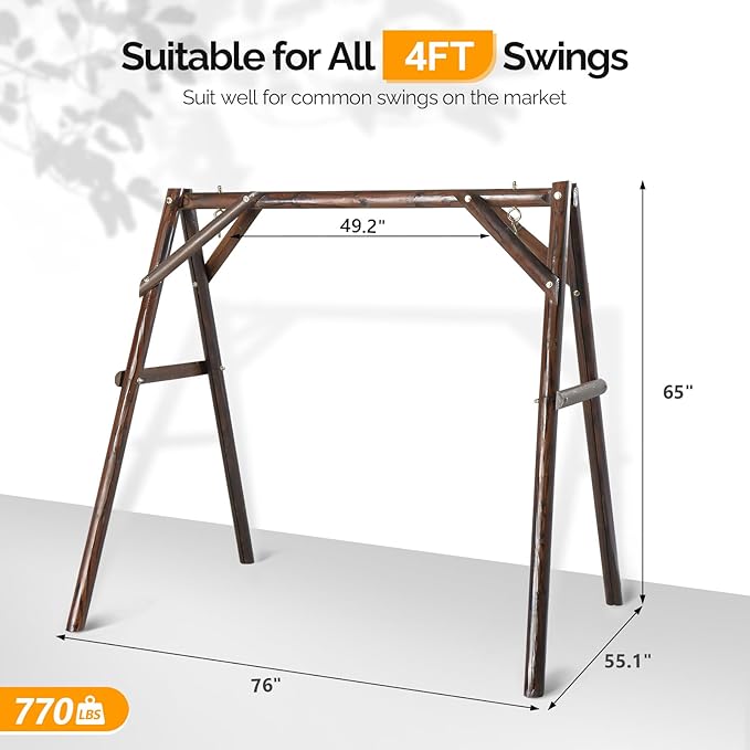VINGLI Porch Swing Stand, Heavy-Duty 770 LBS Wood Swing Frame, Improved A-Frame Swing Stand for 4 FT Swing Bench, for Garden, Yard, Patio, Rustic