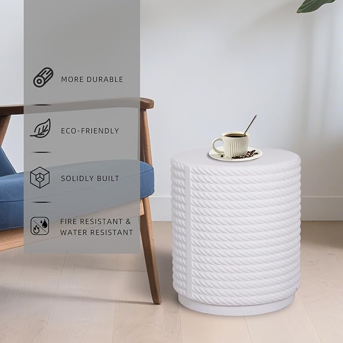 Afterglow Terrafab Material Outdoor Round Side Table, Natural Decorative Garden Stools, Round Woven Texture Accent Table, Stool, Unique End Table for Living Room Bedroom Patio Home Decor, White