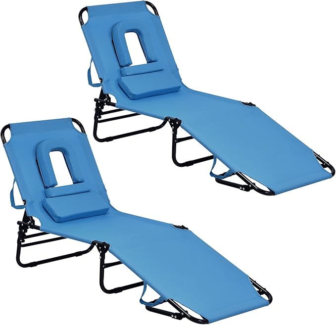 GYMAX Beach Lounge Chair, Sunbathing Chair Patio Lounge Chair Folding Adjustable Recliner with Hole for Face (2) - Photo 1