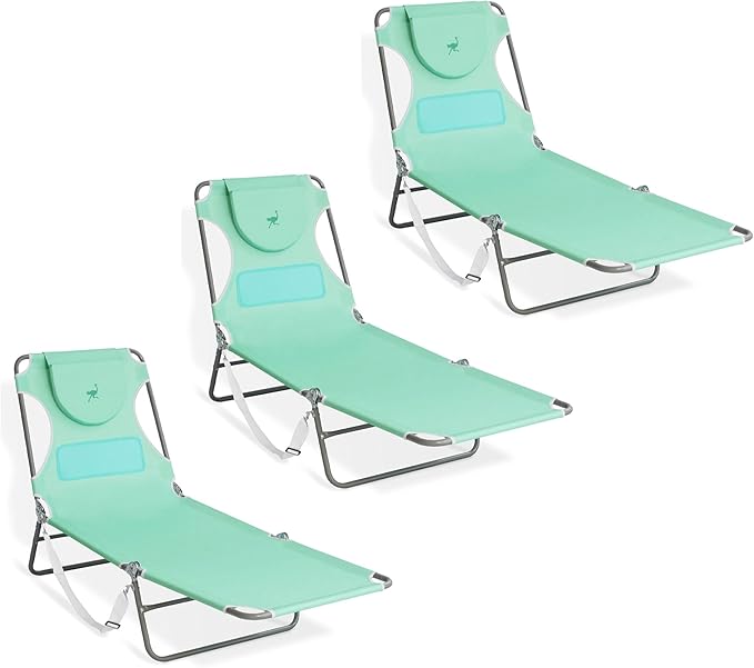 Ostrich Chaise Lounge Outdoor Lightweight Folding Adjustable Reclining Beach Chair for Tanning Pool Lake Patio Lawn Camping, Teal (3 Pack)