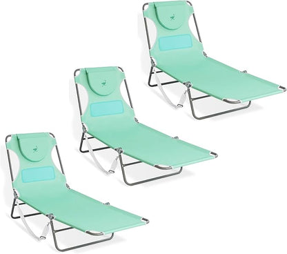 Ostrich Chaise Lounge Outdoor Lightweight Folding Adjustable Reclining Beach Chair for Tanning Pool Lake Patio Lawn Camping, Teal (3 Pack)