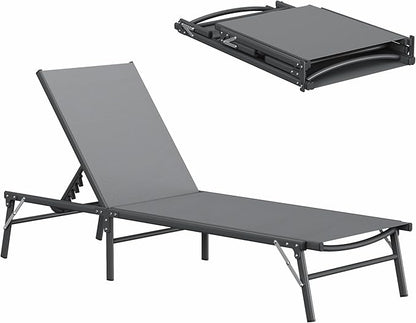 Amopatio Foldable Patio Lounge Chair, Portable Pool Chaise Lounges, Heavy Duty Iron Frame, Breathable Textilene,Weather Resistant, 5-Position Adjustable Backrest, 400 LBS Capacity,Gray