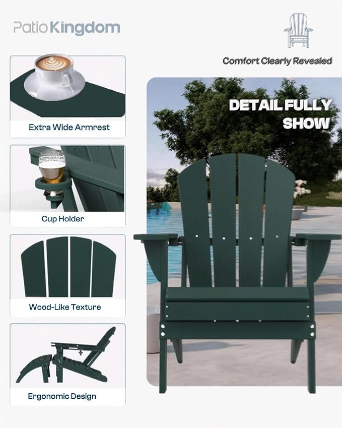 Green 6-Piece Folding Adirondack Chair Set with Cup Holders, Ottomans - Photo 5