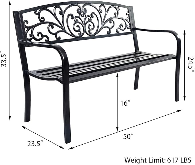 Giantex 50" Patio Garden Bench, Loveseats Park Yard Furniture, Black Steel Cast Iron Frame Chair - Photo 3