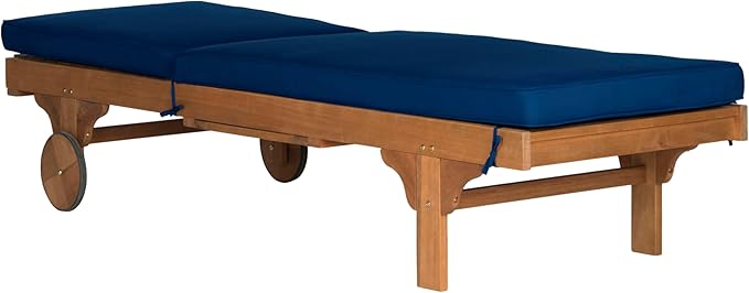 SAFAVIEH Outdoor Collection Newport Natural/ Navy Cushion Built-in Side Table Adjustable Chaise Lounge Chair