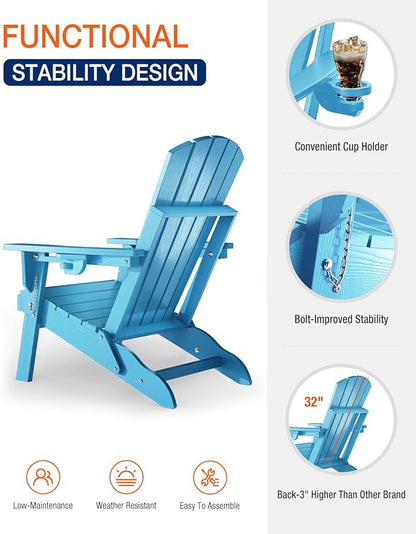 Adirondack Chairs Set of 4 for Outdoor Patio: Sturdy HDPE Plastic Fire Pit Chairs with Cup Holder & Wood Texture - Comfortable Easy to Assembly All-Weather Furniture - Easy Foldable and Stackable