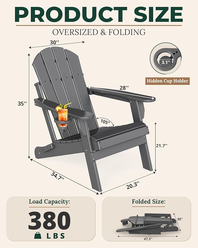 BRIOPAWS Folding-Adirondack-Chairs Set of 4 | HDPE | Fire Pit Chair | Cup Holder | Weather Resistance | Grey | for Outdoor Backyard Deck Patio