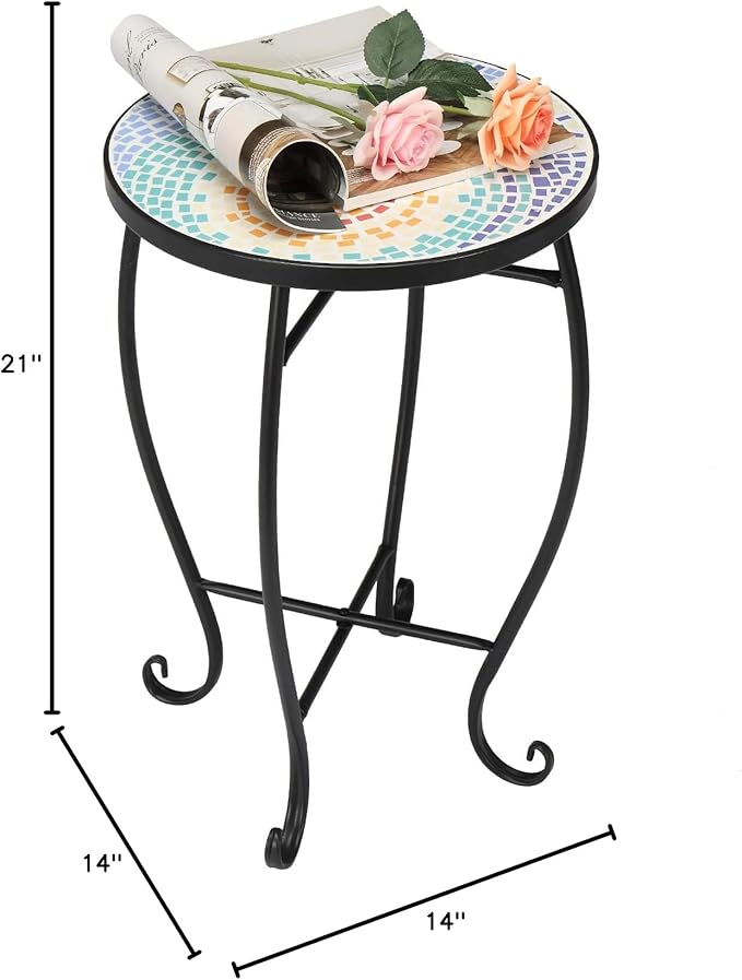 VINGLI Mosaic Accent Table, 14" Round Side Table,End Table, Plant Stand Decor for Patio Porch Beach Theme Balcony Back Deck Pool Indoor Outdoor Coffee, Metal Cobalt Glass Top Black Iron(Blue Hawaii)