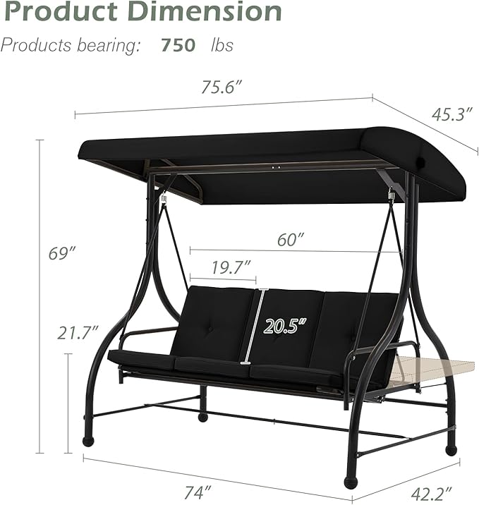 AECOJOY 3-Seat Outdoor Porch Swing with Adjustable Backrest and Canopy - Photo 5