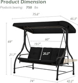 AECOJOY 3-Seat Outdoor Porch Swing with Adjustable Backrest and Canopy - Photo 5