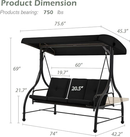 AECOJOY 3-Seat Outdoor Porch Swing with Adjustable Backrest and Canopy, Patio Swing w/Removable Cushions Outdoor Swing Bed for Porch, Backyard, Poolside, Black