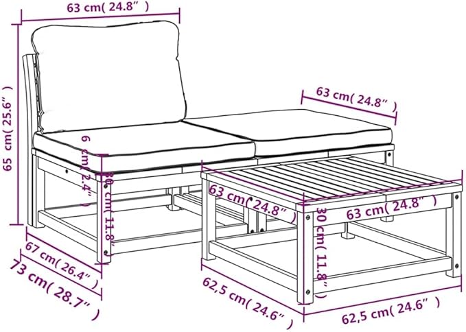 3 Piece Cream White Outdoor Sectional Sofa Set Small Patio Couch & Ottoman Modern Acacia Wood Conversation Furniture for Deck Sunroom and Balcony 28.7 x 24.8 x 25.6 in