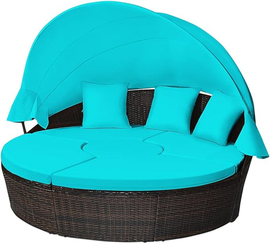 RELAX4LIFE Round Outdoor Daybed with Canopy, Rattan Wicker Sectional Sofa Set w/Cushions, Height Adjustable Table, Conversation Bed Lounger Separated Seating for Outside Pool, Patio Daybed (Turquoise)