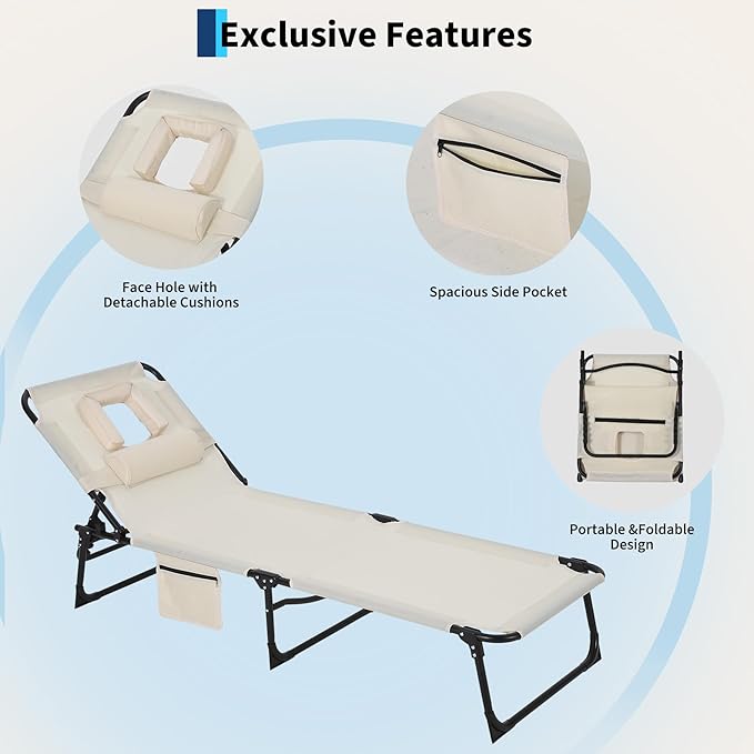 Tanning Chair with Face Hole Folding Beach Lounge Chair,5-Position Adjustable Backrest, Pillow & Side Pocket,Portable Face Down Chaise Lounge for Outdoor Backyard Poolside,Beach, Patio,Beige