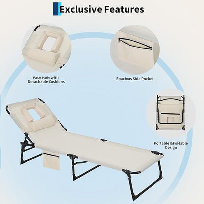 Tanning Chair with Face Hole Folding Beach Lounge Chair,5-Position Adjustable Backrest, Pillow & Side Pocket,Portable Face Down Chaise Lounge for Outdoor Backyard Poolside,Beach, Patio,Beige