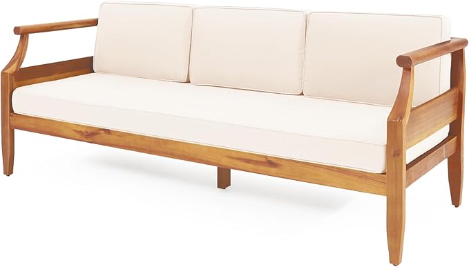 Christopher Knight Home Aston Outdoor 3 Seater Sofa, Upholstered Cushion Couch, Acacia Wood Bench Sofa, Slat Armchair - Photo 8