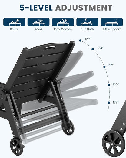 FOOWIN Chaise Lounge Chair，HDPE Lounge Chair Outdoor with 5 Positions,Oversized Pool Lounge Chairs with Rolling Wheels & Cup Holder for Poolside Deck Backyard,Black