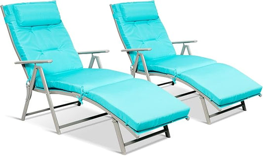 Giantex Chaise Lounge Chair for Outside, Pool Folding Reclining Beach Chair W/Removable Cushion&Headrest Pillow, Outdoor Lounge Chaise w/ 7 Backrest Positions, Portable Patio Lounger (2, Turquoise)