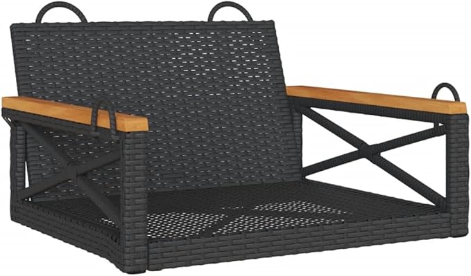 1-Seater Black PE Rattan Garden Chair Swing Bench 24.4x24.8x15.7 in Powder-Coated Steel Frame Solid Acacia Seat for - Photo 3