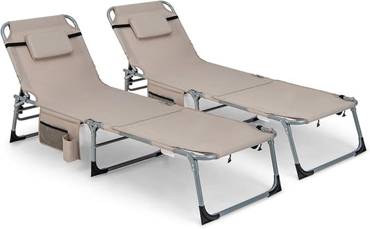Tangkula Beach Lounge Chair, Outdoor Folding Tanning Chair with Face/Arm Hole, 2 Carry Handle, Pillow, Adjustable Backrest, 330 LBS Face Down Sunbathing Chair for Outside Beach Poolside (2)