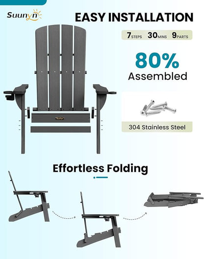 Folding Adirondack Chair 4 Pack, HDPE All-Weather Fire Pit Chairs, Plastic Adirondack Chairs with 2 Cup Holder, Outdoor Lawn Chair for Patio Garden (Grey)