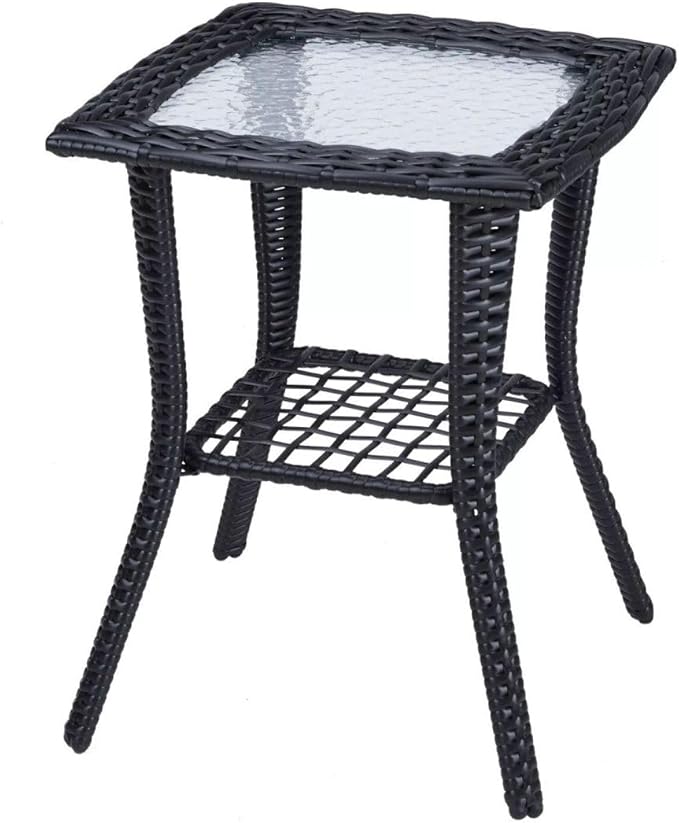 Patio Wicker Side Table, Outdoor PE Rattan End Table with Tempered Glass Top and 2-Tier Storage Shelf, Square Coffee Table for Deck Porch Garden Backyard- Black