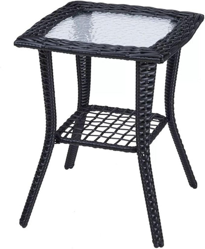 Patio Wicker Side Table, Outdoor PE Rattan End Table with Tempered Glass Top and 2-Tier Storage Shelf, Square Coffee Table for Deck Porch Garden Backyard- Black