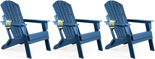 FUNBERRY Folding Adirondack Chair Set of 3, All Weather HDPE Fire Pit Chairs with Cup Holder for Outdoor