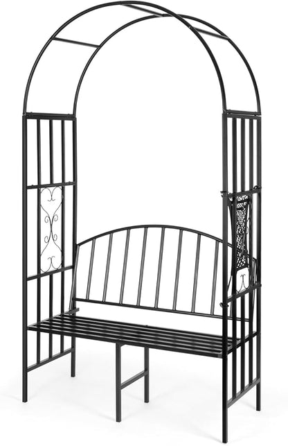 Garden Arch Heavy Duty Arbor with Bench Holds 660lbs Metal Arbor Archway for Climbing Plant & Two People Seat Bench Outdoor Lawn Backyard Decor, Black